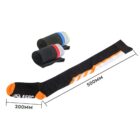 Four pairs of compression socks are shown. One extended pair has a black, orange, and white design with dimensions marked as 500mm and 200mm. Three rolled pairs in black, blue, red, and green are arranged above.