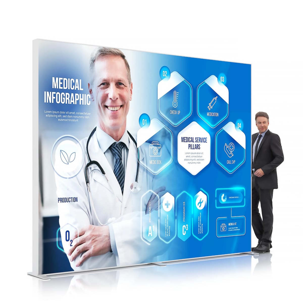 A doctor in a white coat stands smiling with arms crossed next to a large medical infographic display. The infographic features icons for medical services such as check-ups and medication, along with hexagonal designs and text.