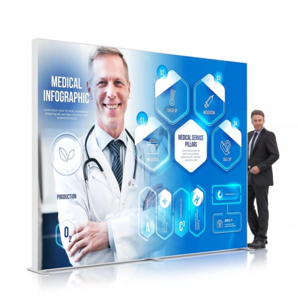 A large medical infographic features a smiling doctor in a white coat, stethoscope around his neck, and hexagonal elements detailing medical services like diagnosis and medication. Another man in a suit stands to the side of the infographic.