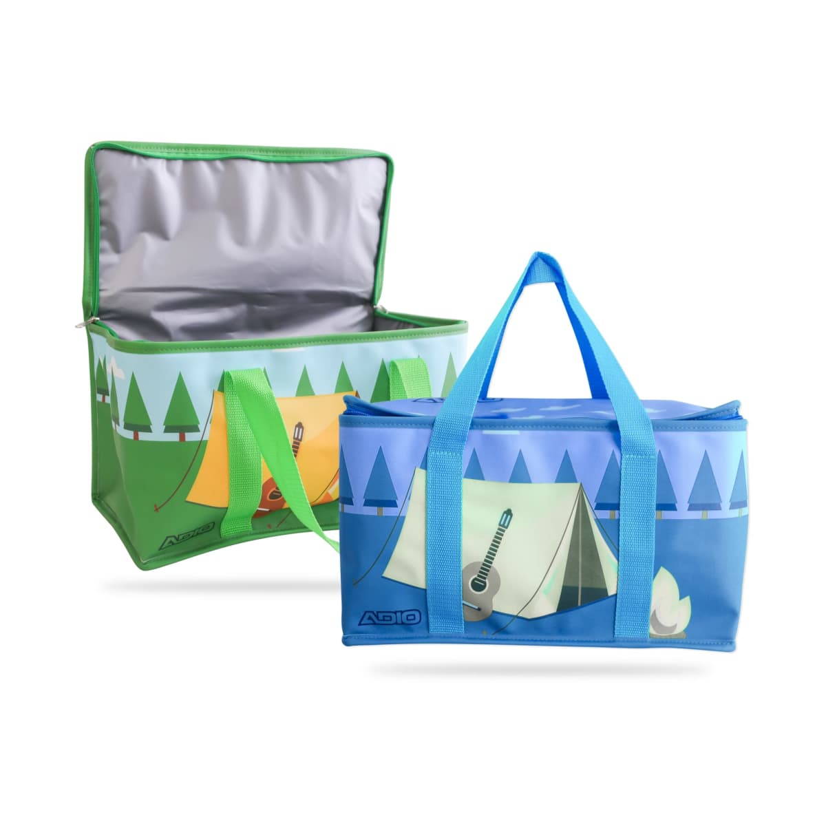 Two colorful insulated bags are shown. The green bag is open, revealing its silver lining. The blue bag is closed. Both bags feature camping-themed designs with tents and trees and have sturdy handles for carrying.
