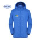A navy blue rain jacket with a hood is displayed against a white background. It features a small mountain logo on the left chest and has elastic cuffs. A label indicating Navy Blue is visible in the top left corner.