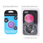 Image of two mobile phone stand packages. The left package, labeled Blue Blister Pack, has a purple circular grip with Get a Grip on Your Phone. The right, labeled Black Blister Pack, contains a pink grip, with Car Holder Clip Included.