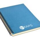 A blue spiral-bound notebook with a textured cover is shown. The word MAPS is printed in white on the bottom right corner of the cover.