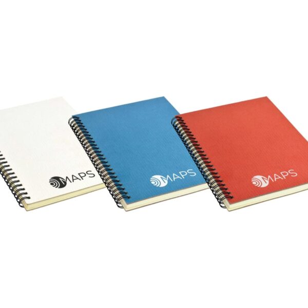 Three spiral-bound notebooks are arranged side by side. The covers are white, blue, and red respectively, each featuring the word MAPS with a circular logo.