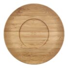 A round, textured bamboo plate with a smooth finish is centered on a white background. The plate shows natural wood grain patterns and is designed with a slightly raised rim.