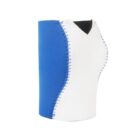 A blue and white neoprene can cooler with contrast stitching, designed to insulate beverages and keep them cool. The fabric is smooth, with curved edges and a snug fit, ideal for standard-sized cans.
