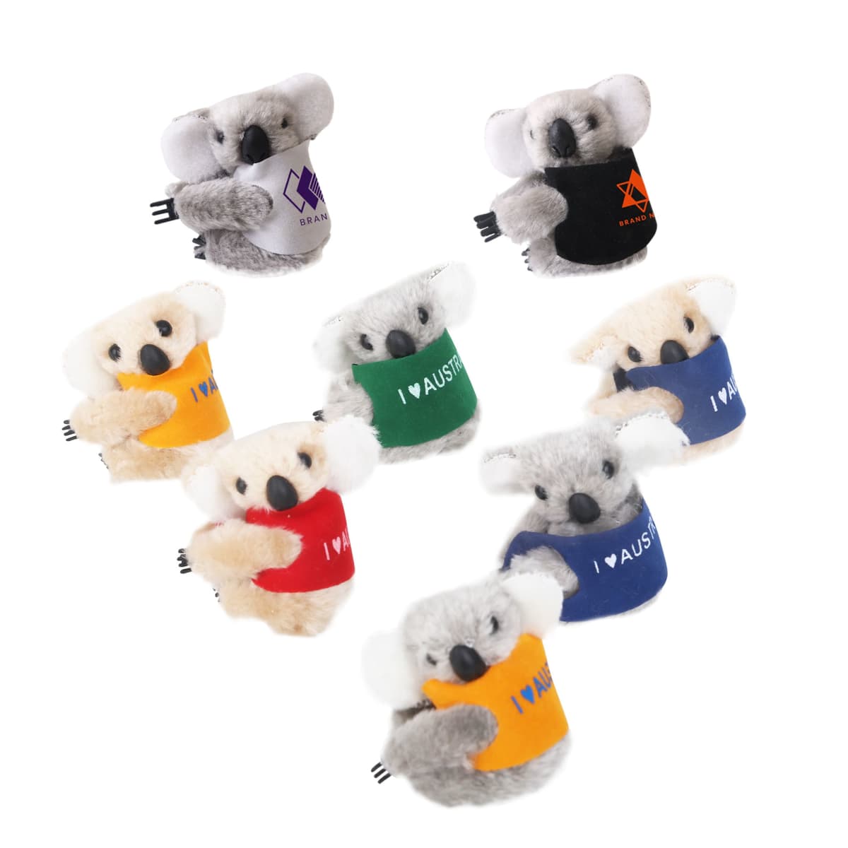 Eight plush koala toys with colorful sweaters featuring the words and symbols related to Australia. The sweaters are in purple, orange, yellow, green, blue, and varying shades of grey. Each koala is holding a small item in its paws.