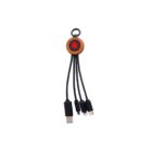 A multi-device charging cable with a wooden circular top and four black cables extending, each ending in different connectors: USB, USB-C, Lightning, and Micro USB. The top features a red upward arrow symbol.