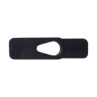 A black webcam cover featuring an oval cut-out in the center. The cover has a sliding mechanism, allowing it to move and cover or reveal a camera lens. Its sleek, rectangular shape is designed for privacy and security.