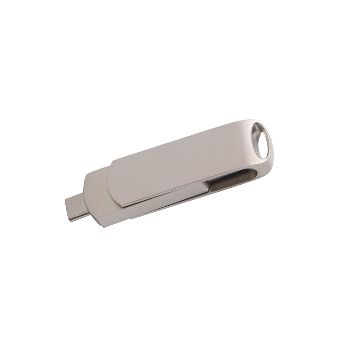 Silver USB flash drive with a sleek, modern design, featuring a protective sliding cover. The compact and minimalist style includes a hole on one end for attaching to keychains or lanyards.
