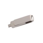 A silver USB flash drive with a sleek, modern design. The drive has a smooth, metallic finish and a loop at one end, suitable for attaching to a keychain. The USB connector is visible, protruding from the body.