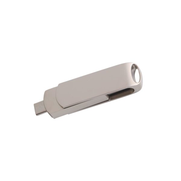 A silver USB flash drive with a sleek, modern design. The drive has a smooth, metallic finish and a loop at one end, suitable for attaching to a keychain. The USB connector is visible, protruding from the body.