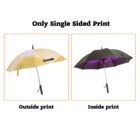 Two images of the same umbrella. The left shows the outside with a tan color and rescale text. The right shows the inside with a purple hue. Text reads Only Single Sided Print at the top and labels Outside print and Inside print below.