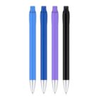 Four pens are arranged vertically side by side, each with a metallic tip. The pens are colored light blue, blue, purple, and black from left to right.
