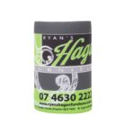 Cylindrical object with a label featuring green and gray colors, containing text Ryans, Furniture, a phone number, and a website. Design includes a stylized H and address details in Drayton, QLD.