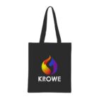 A black tote bag featuring a colorful flame logo above the word KROWE in bold white letters.