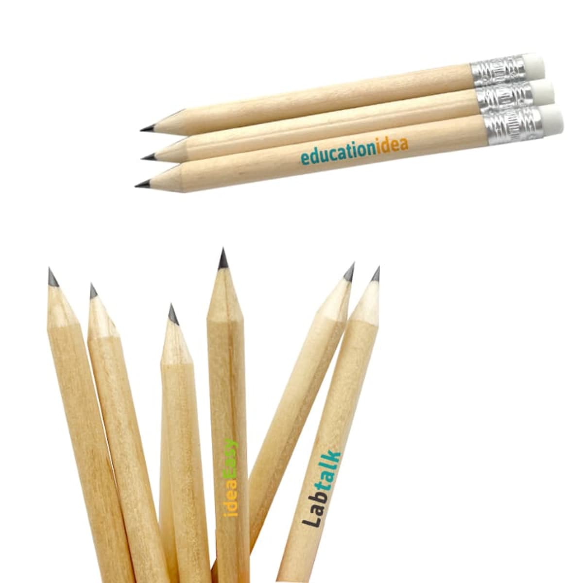 Six wooden pencils are displayed with sharpened points facing upward. Three pencils have educationidea written on them, and two have Labtalk inscribed. One has idea labs. Each pencil has a silver ferrule and white eraser.