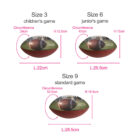 Image showing three sizes of footballs labeled Size 3, Size 6, and Size 9. Size 3 is for childrens games, Size 6 for junior games, and Size 9 for standard games. Each size lists the football’s circumference and length with respective measurements.