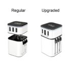 Two travel adapters labeled Regular and Upgraded. Both are white with a black top featuring a logo. The regular version has three front USB ports, while the upgraded version includes two USB ports and one USB-C port, with side plugs retracted.