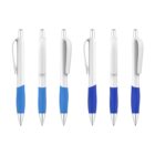 Six pens are lined up vertically, featuring a white upper half with a click-top button and clip, and a lower half in varying shades of blue with a metallic tip.