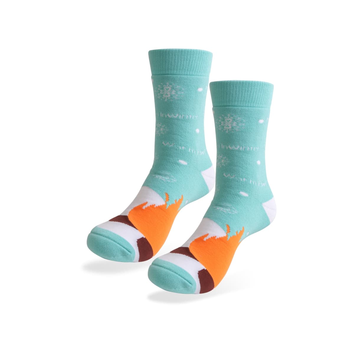 Turquoise socks featuring an orange fox design with white snowflake patterns above. The socks have a playful, colorful appearance.