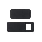 Two black rectangular webcam covers, one with a sliding window closed and the other with the window open, displaying their use for privacy protection over camera lenses.