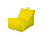 A bright yellow bean bag chair with an upright backrest and a small carrying handle at the top. The fabric appears smooth and is outlined with dark piping. The chair is positioned against a plain white background.