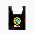 A black tote bag with the Cloudly Realty logo featuring a blue cloud with a red cross inside an orange circle. The logo is centered on the bag.