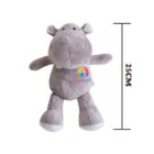 A plush gray hippo toy with small ears and stitched facial features is shown. It has a colorful kidSPLACE logo on its belly. The toy is approximately 25 cm in height, as indicated by a vertical measurement line beside it.