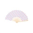 A handheld fan with a wooden frame and a fabric top featuring a pattern of small red and blue stars on a white background, arranged in a semi-circle.