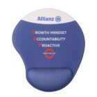 A blue and white ergonomic mouse pad with a wrist rest, featuring the Allianz logo and text: GROWTH MINDSET, ACCOUNTABILITY, PROACTIVE. The words are emphasized with GAP in red letters and a circular arrow around MIND THE GAP.