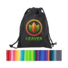 A black drawstring bag with a colorful leaf logo and the word LEAVES below it. Under the bag are 21 fabric swatches arranged in a horizontal row, displaying a spectrum of colors from red to purple and grey.