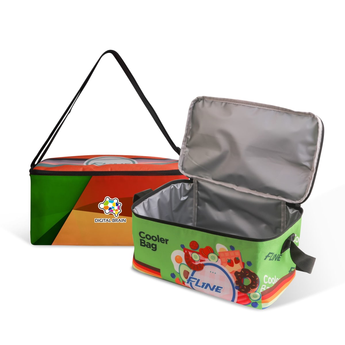 Two cooler bags are displayed. One is closed with a colorful design featuring a black strap, and the other is open, showcasing its gray interior. Both have vibrant designs with fruit images and the words Cooler Bag on them.