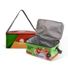 Two colorful cooler bags are shown. One bag is closed, featuring a vibrant design with the text DIGITAL BRAIN. The other bag is open, displaying a silver insulated interior and a graphic design with the text Cooler Bag and FLNE.
