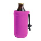 A brown bottle with a gold cap is placed inside a bright pink neoprene sleeve with a black drawstring closure.