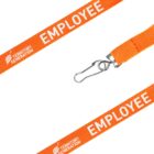 Orange lanyard with EMPLOYEE and TERRITORY GENERATION printed in white. Features a metal clip for attachment.