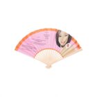 A handheld fan featuring a womans portrait on the right and text on the left. The text includes event details and RSVP information. The fan has pink, orange, and beige sections, with wooden spokes visible at the base.