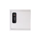 White wall-mounted lockbox with a keypad and keyhole on the front.