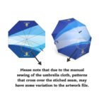 Two umbrellas with blue patterns: left shows a flat design with a circular highlight on the seam, right shows the assembled umbrella with a similar detail. Text below mentions possible pattern variation due to manual sewing of the umbrella cloth.