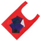 A red reusable shopping bag is displayed with nine smaller folded bags in various colors, including blue, purple, black, and white, placed on top of it.