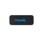 A rectangular black webcam cover with rounded edges and a sliding mechanism. The word escale is printed in blue letters on the cover.