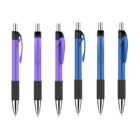 Six ballpoint pens in two colors, purple and blue, with black tips and clips, are arranged vertically against a white background.