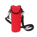 A red insulated water bottle holder with a black strap and clip. The holder is cylindrical and made of soft material, designed to protect and carry a bottle.