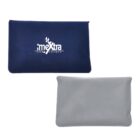 Two rectangular pouches, one blue with white text, the other plain gray.