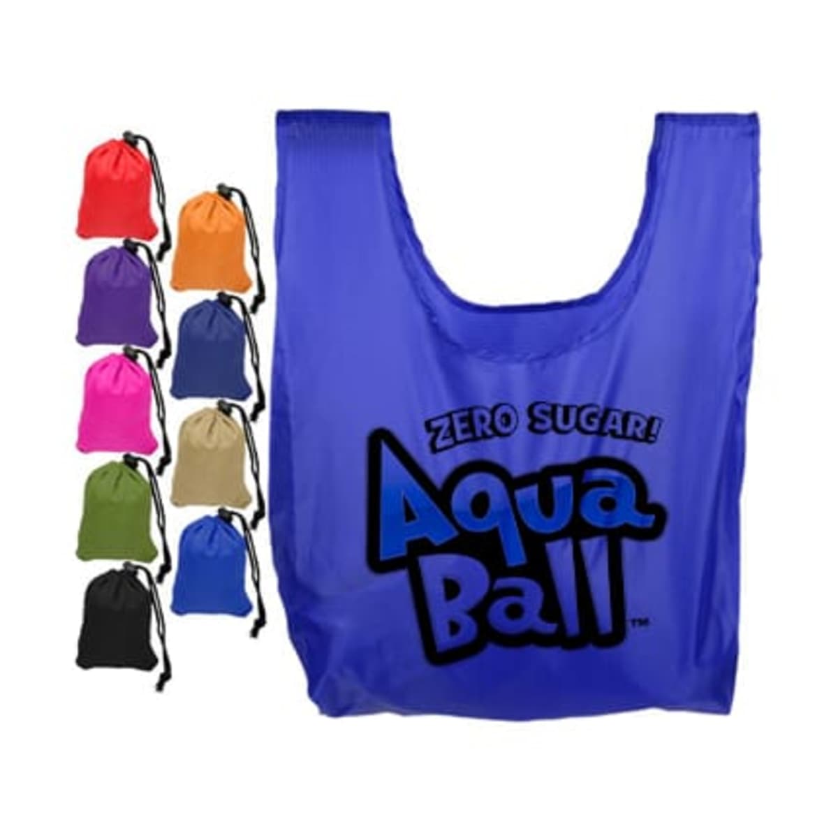 Blue reusable bag with Zero Sugar! Aqua Ball text in black. Nine smaller drawstring bags in various colors are displayed on the left.