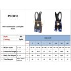 Diagram of mens sublimated cycling bib shorts with labeled parts. Includes a size chart for waist width, front rise length, back rise length, and total length in sizes S to 4XL. Style is bib, cutting is tight. Model PCC035.