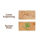 The image shows two wooden surfaces with different printing techniques. The top surface has Laser Engraving with an engraved signature-like text. The bottom surface has Screen Print with green geometric shapes and the text YOURTEXT.