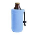A brown glass bottle with a golden cap is encased in a blue neoprene sleeve with a black drawstring closure. The sleeve appears to be insulating the bottle, likely to keep its contents cold.