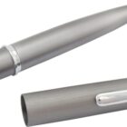 A sleek silver stylus pen with a detachable cap. The pen features a metallic finish, with a clip on the cap for easy attachment. The pen is shown with both the cap on and off, highlighting its design.