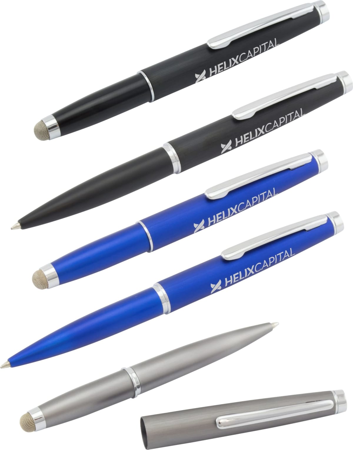 A set of six stylus pens arranged diagonally. From top to bottom: two black, two blue, and two silver. Each pen has a stylus tip on one end and a clip with HELIXCAPITAL printed on the side.